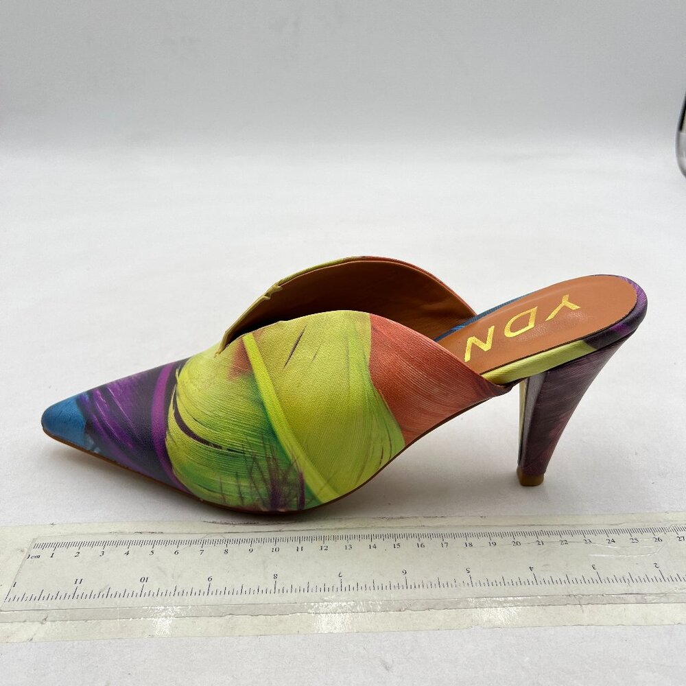 Ydn Colorful-Feather Cone Heel Pointed Toe Mules … - image 2